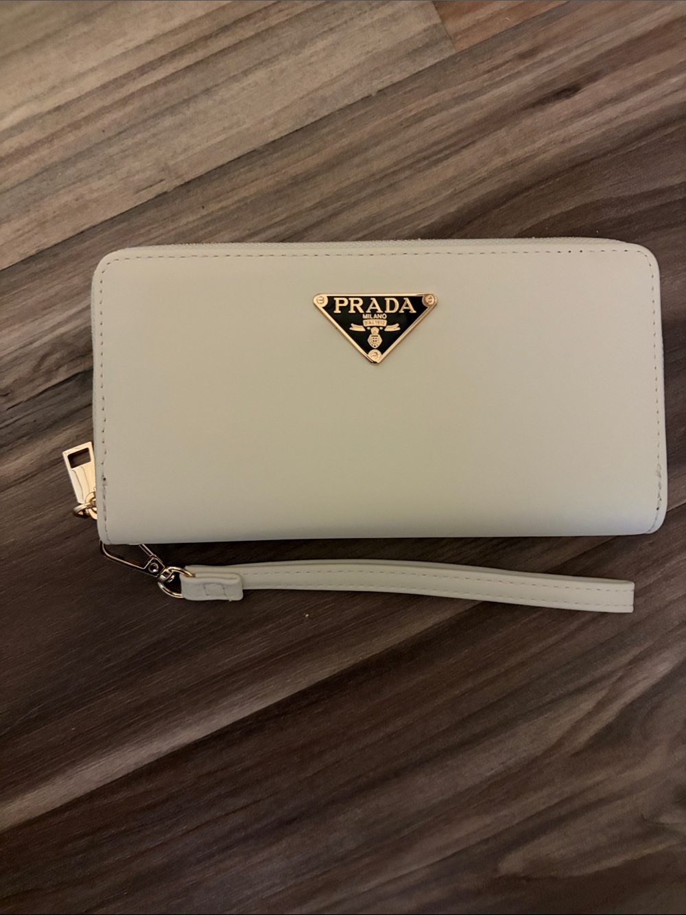 Prada White Saffiano Zip Wallet with Gold Triangle Logo